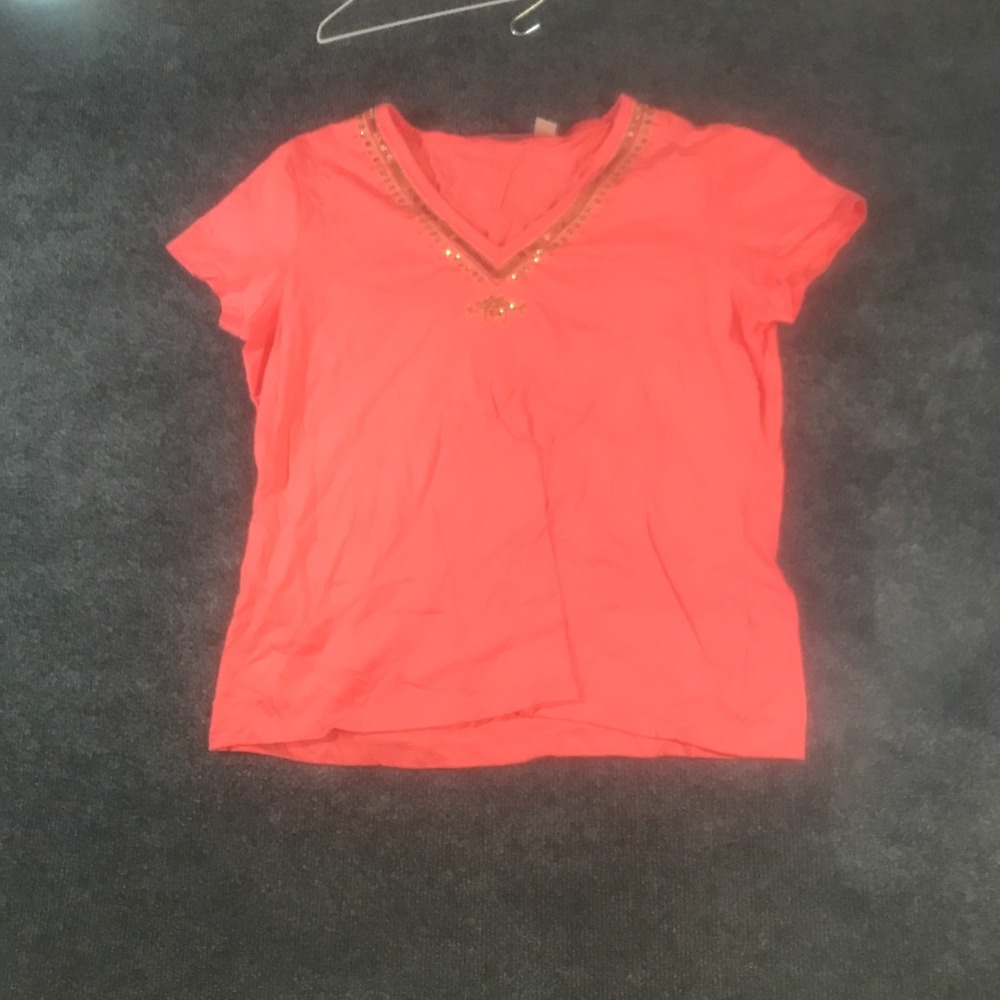 Caribbean Joe Top Womens XL Coral Pink Cotton Embellished V-Neck Casual Pullover